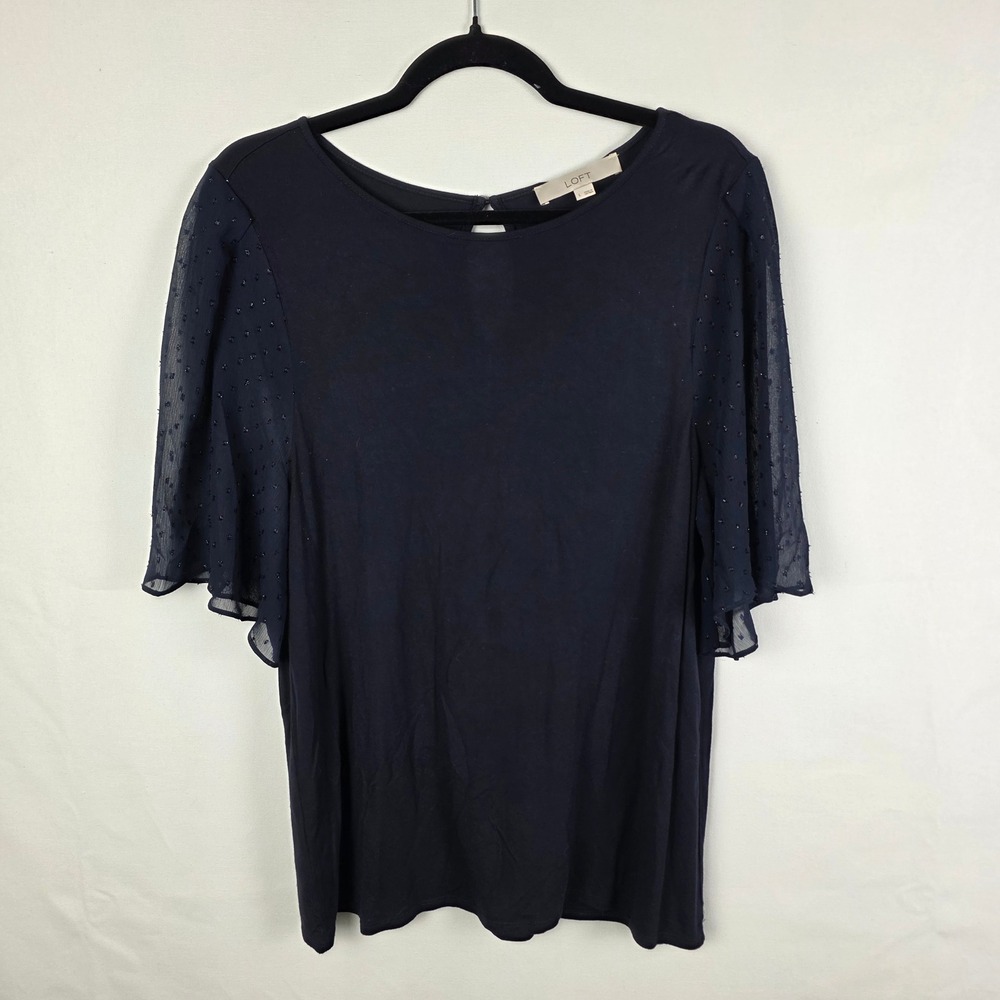 Loft Womens Navy Blue Swiss Dot Flutter Sleeve Keyhole Back Knit Top Size L